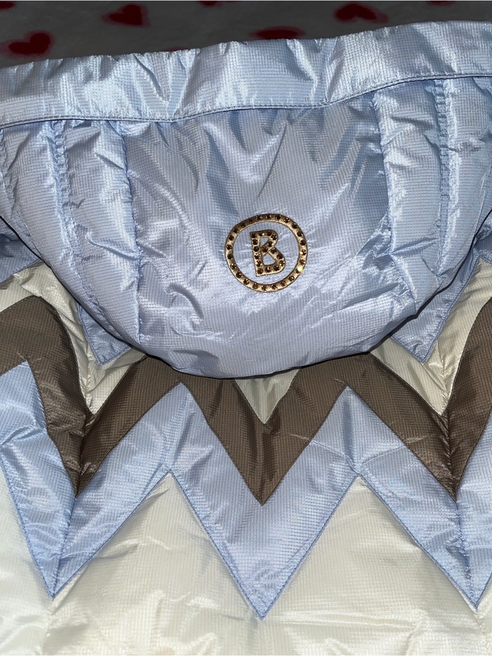 Bogner Light Blue & Taupe Chevron Ski Jacket with Embellished Logo Some stains